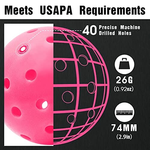 Pink pickleball with specifications: 40 machine-drilled holes, 26g weight, 74mm diameter.