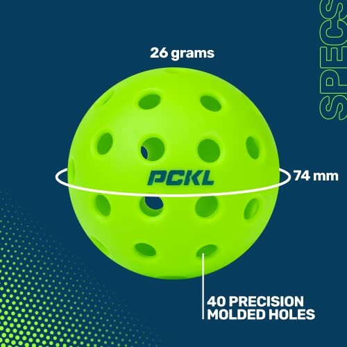 Green pickleball with specs: 26 grams, 74 mm, 40 precision molded holes.