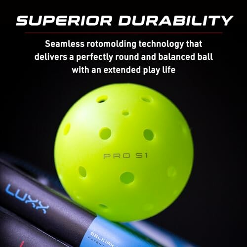 Bright yellow pickleball with superior durability and seamless rotomolding technology.