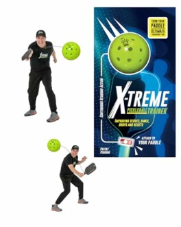 Man demonstrating pickleball trainer with product packaging.