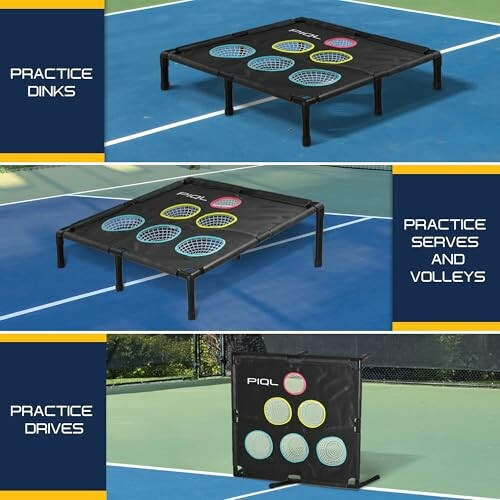 Pickleball training aids for practicing dinks, serves, volleys, and drives on a court.