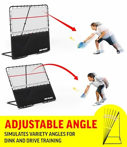 Pickleball training net with adjustable angle for practice.