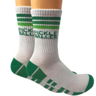 White socks with green stripes and 'Pickle Baller' text