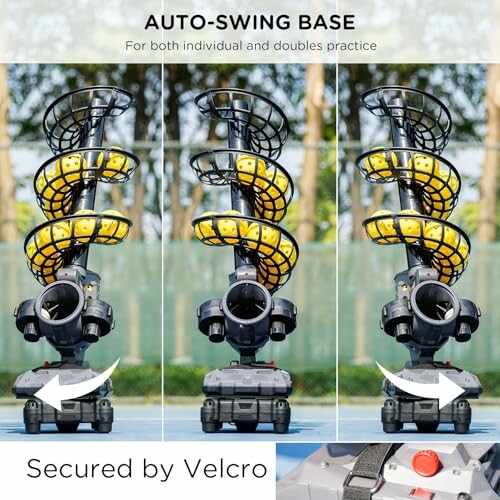 Ping pong robot with auto-swing base and secured by Velcro.