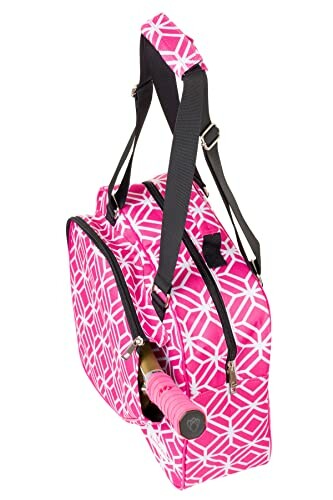 Pink geometric-patterned tennis bag with shoulder straps and tennis racket.