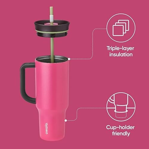 Pink insulated travel mug with triple-layer insulation and cup-holder friendly design.