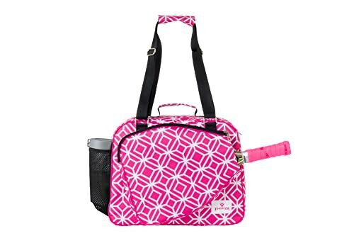 Pink patterned tennis bag with black straps and side pocket.