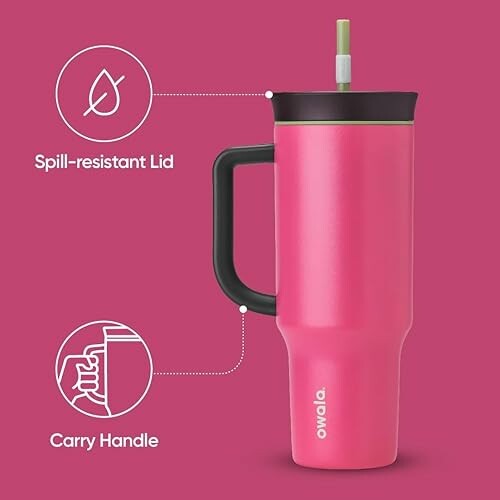 Pink travel mug with spill-resistant lid and carry handle.