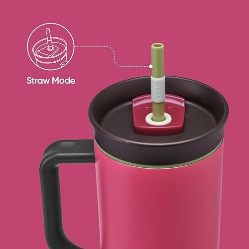 Pink tumbler with straw mode lid.