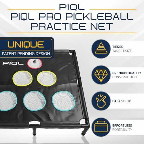 PIQL Pro Pickleball Practice Net with unique patent-pending design and features.