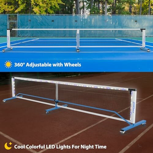 Portable tennis net with adjustable wheels and LED lights for night use.