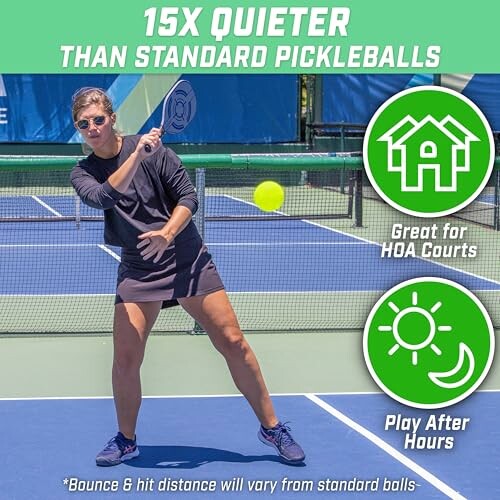 Person playing pickleball with text about quieter balls and HOA benefits.