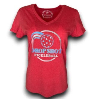 Red V-neck T-shirt with Drop Shot Pickleball logo