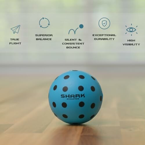 Blue polka dot ball with performance features: true flight, superior balance, silent bounce, durability, high visibility.