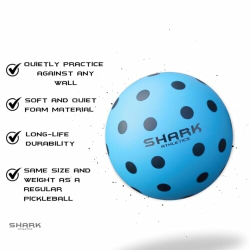 Blue pickleball highlighting features such as quiet practice, soft foam material, long durability, and regular size and weight.