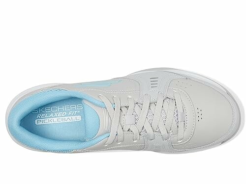 Top view of a Skechers Relaxed Fit Pickleball shoe in white and blue.