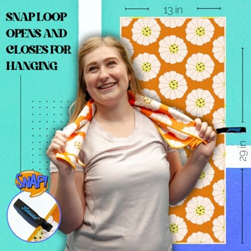 Woman with floral towel featuring snap loop for hanging.