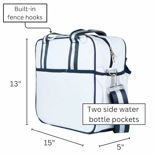 White softball bag with fence hooks and side water bottle pockets.