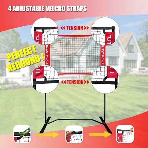 Rebound net with adjustable Velcro straps for tension control.