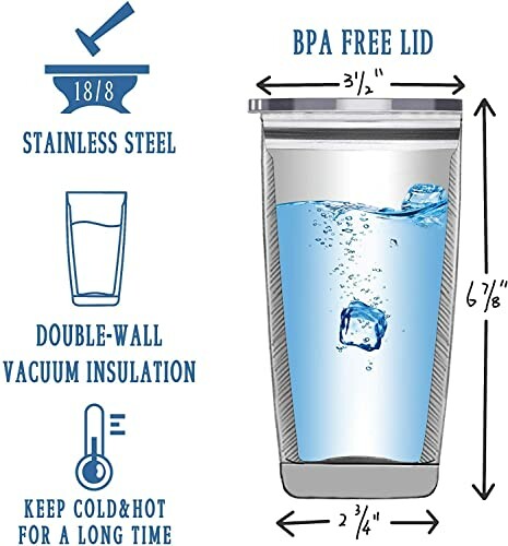 Diagram of a stainless steel tumbler with BPA-free lid, double-wall vacuum insulation, and dimensions.