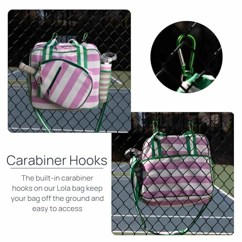 Striped bag with carabiner hooks hanging on a fence.