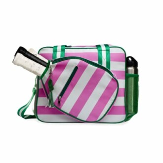 Pink and white striped tennis bag with racket and water bottle.