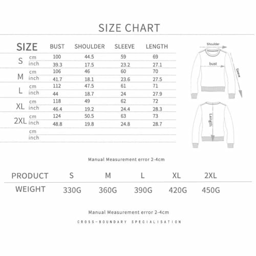 Sweater size chart with measurements for bust, shoulder, sleeve, and length.