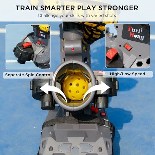 Table tennis robot with spin control and speed settings.