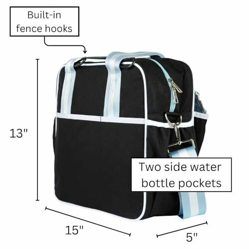 Black tennis bag with fence hooks and side water bottle pockets