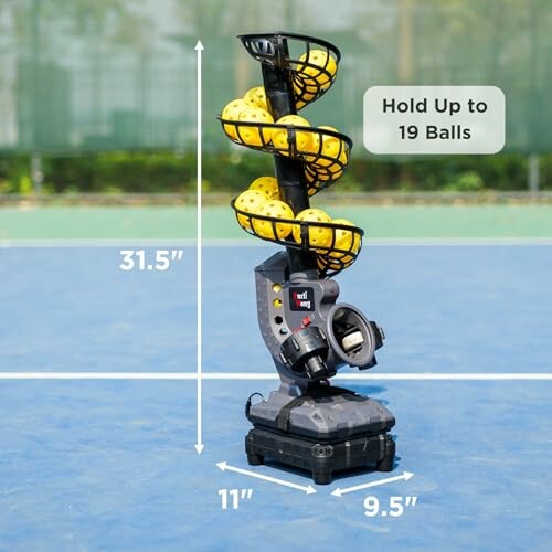 Tennis ball machine on court displaying dimensions and capacity