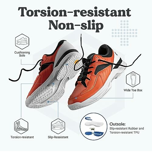 Torsion-resistant non-slip shoes with cushioning sole and wide toe box.