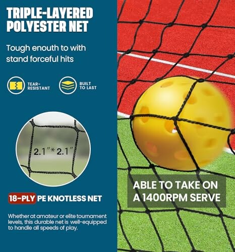 Triple-layered polyester net with yellow ball and text about durability.