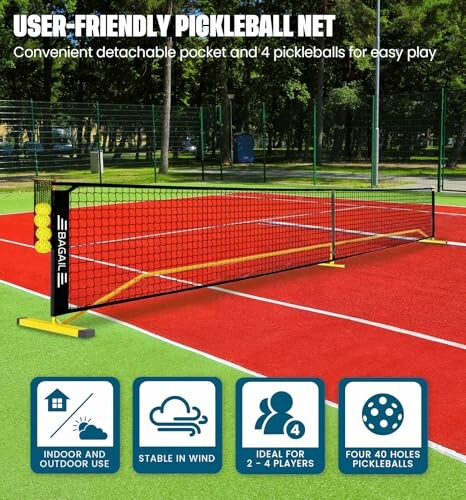 User-friendly pickleball net on outdoor court with detachable pocket and four pickleballs.