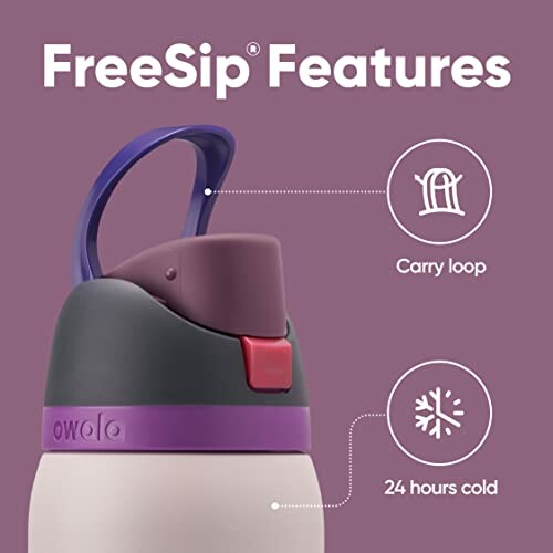 Water bottle with FreeSip features, including carry loop and 24 hours cold.