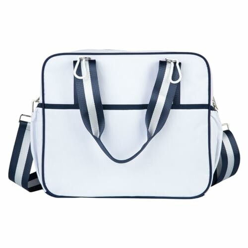 White tote bag with blue straps and large front pocket