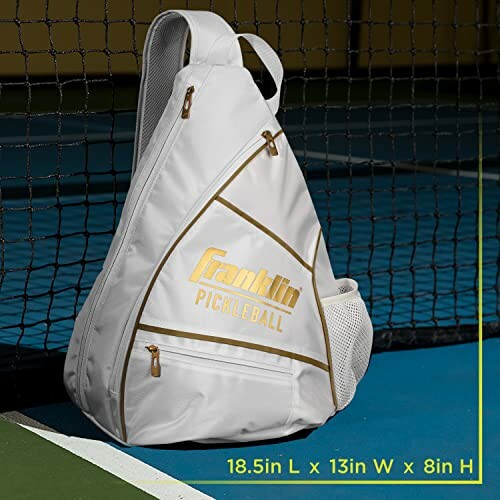 White pickleball bag on a court with dimensions displayed.