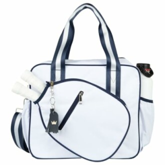 White tennis bag with rackets and water bottle.