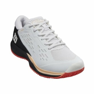 White tennis shoe with red sole and black accents.