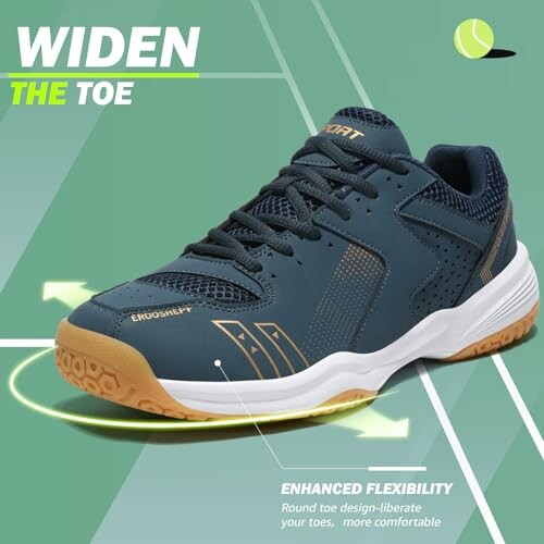 Tennis shoe with wide toe design for enhanced flexibility.