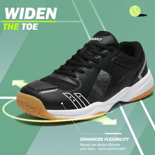 Sports shoe with enhanced flexibility and wide toe design.