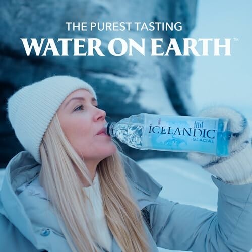 Woman drinking Icelandic Glacial water in winter attire.