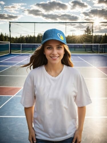 Woman smiling on a tennis court wearing a blue cap.