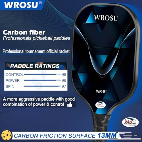 Wrosu carbon fiber pickleball paddle with ratings and features