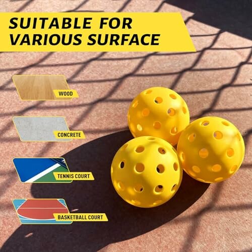 Three yellow pickleball balls on a court surface with text highlighting suitability for wood, concrete, tennis, and basketball courts.