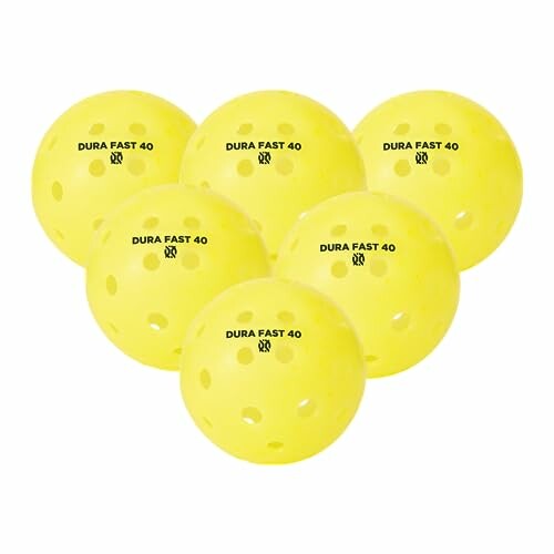 Six yellow pickleball balls with 'Dura Fast 40' branding