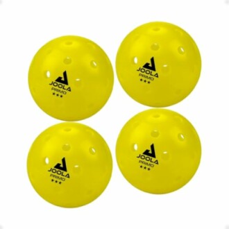 Four yellow pickleball balls with Joola branding.